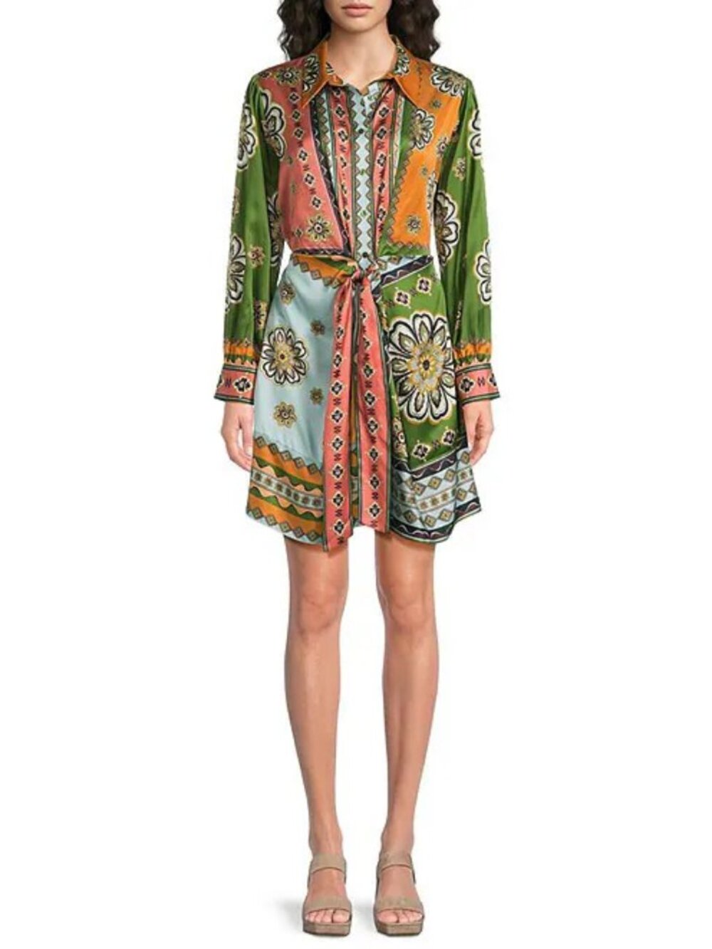 JOHNNY WAS Maxima Patchwork Long Sleeve Tie-Waist Mini Shirt Dress Size L